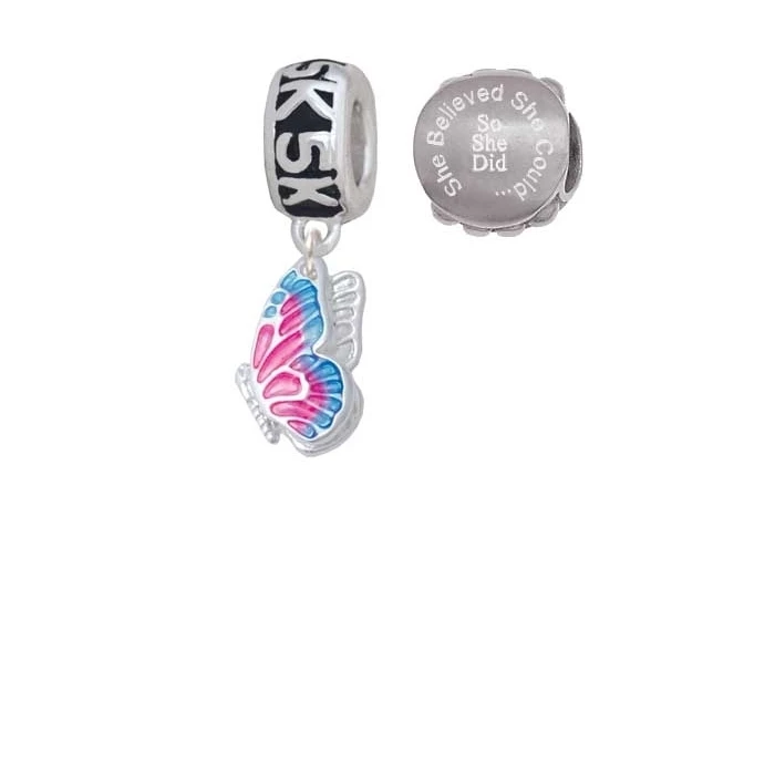 Silvertone Translucent Hot Pink & Blue Flying Butterfly 5K Run She Believed She Could Charm Beads (Set of 2)