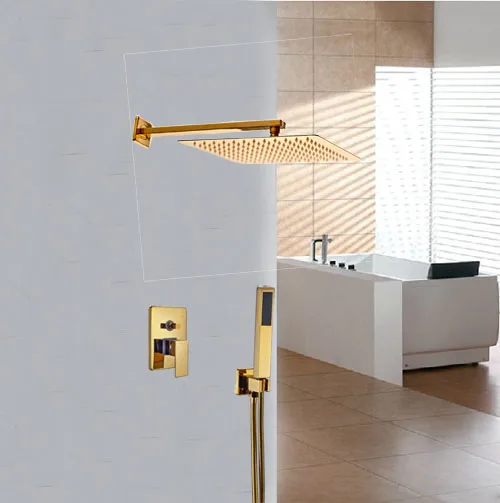 

12-in Square Bathroom Shower Faucet Golden Polish Bath Shower Set Wall Mounted Single Lever