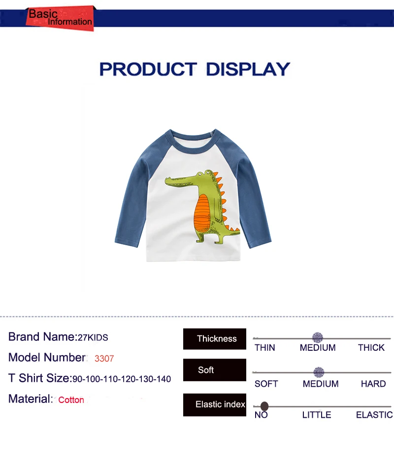 27kids 2-8Years Baby Boys Футболки Осень С Длинным Рукавом Мультфильм Динозавр Pattern Спортивные Футболки для Детей Дети мальчик одежда