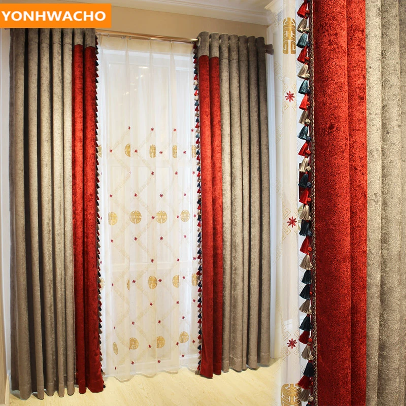 

Custom curtains luxury Thick chenille flannel High-grade gray stitching American simple cloth blackout curtain tulle drape B177