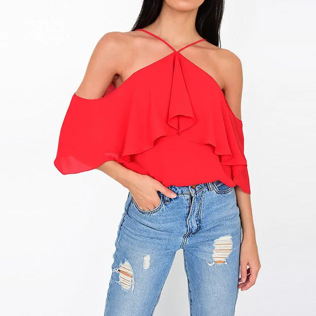 Women's Summer Chiffon Shirt 2018 Sexy Strapless Tops Women's Red