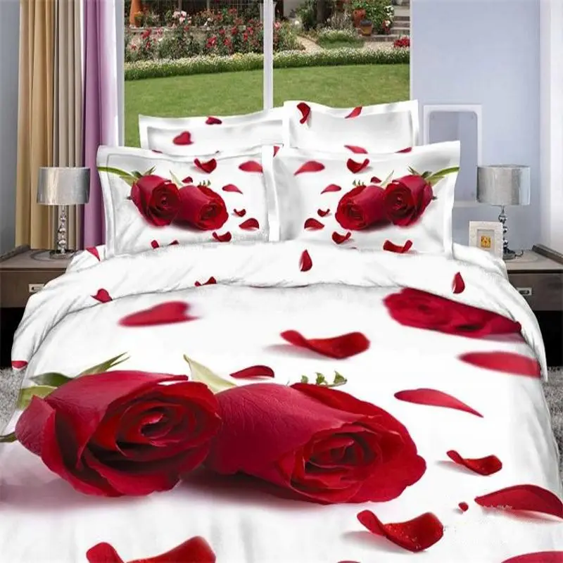 3D red Rose printing bedding set queen size 4pc white Duvet/quilt cover ...