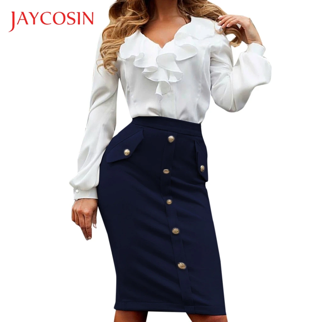 JAYCOSIN Высокая талия карандаш Клубное платье для женщин обтягивающее на пуговицах юбка с карманами полиэстер материал твердый узорчатый карандаш