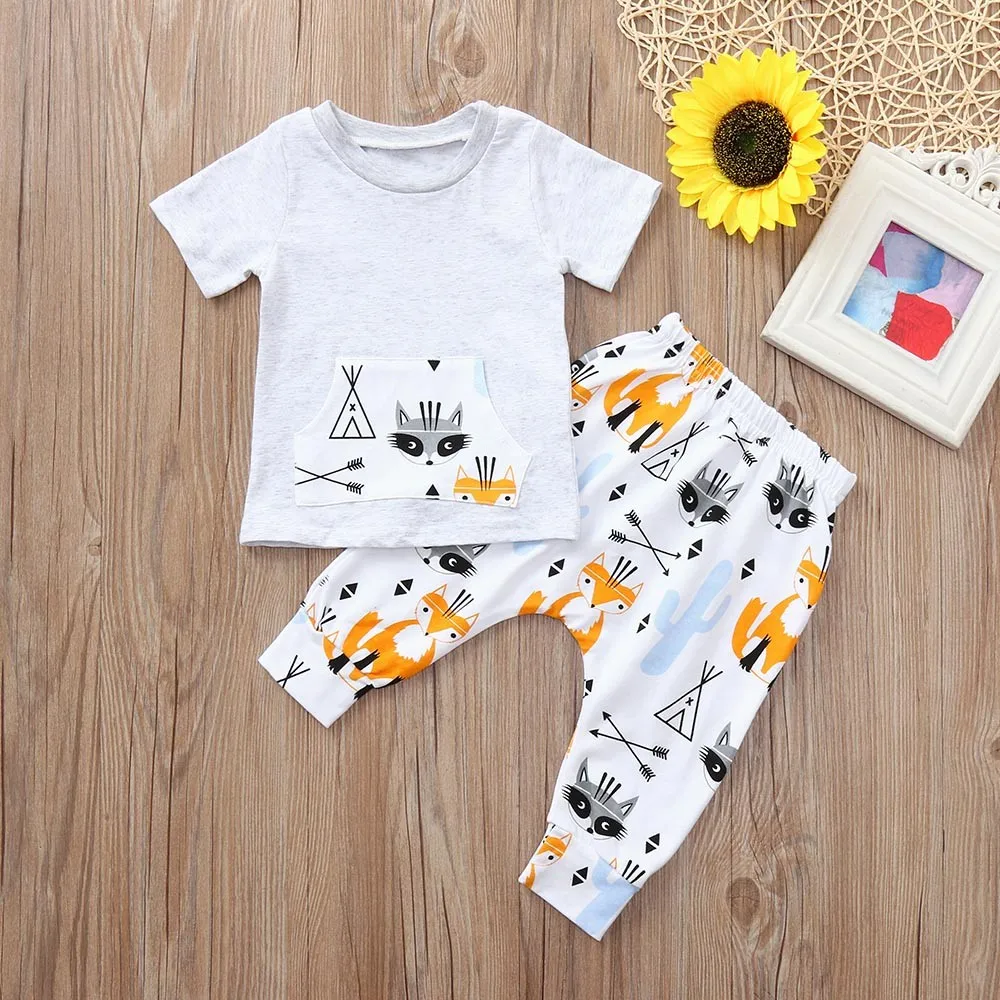 Модная одежда для новорожденных комплект одежды для маленьких мальчиков одежда для малышей мальчиков, короткий рукав, принт с лисой, футболка одежда, топ+штаны комплект дропшиппинг