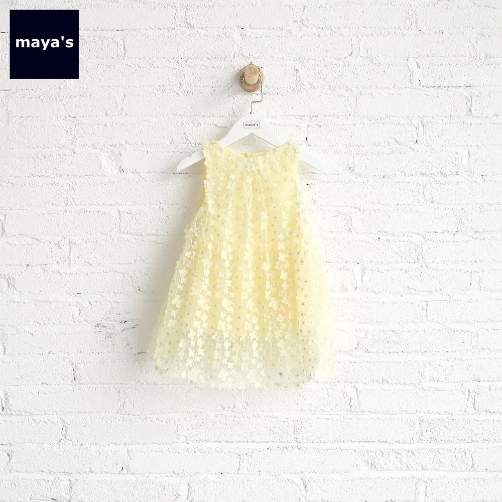 

Mayas Yellow Floral Tulle Girls Mini Dress Children Spring Sleeveless Tutu Dresses Toddler Pull On Sweet Kids Dresses 75123