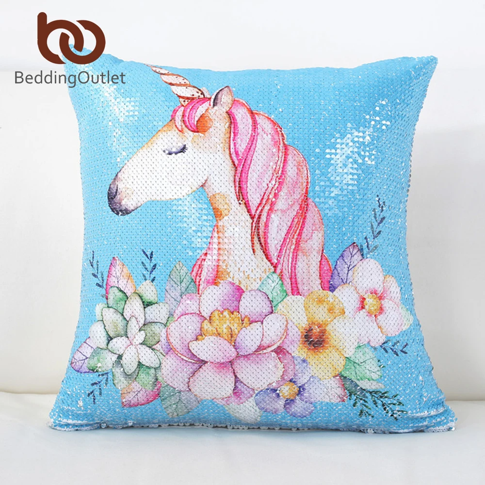 

BeddingOutlet Cartoon Sequin Mermaid Cushion Cover Unicorn Decorative Pillowcases Reversible Magical Pillow Cover for Sofa Decor