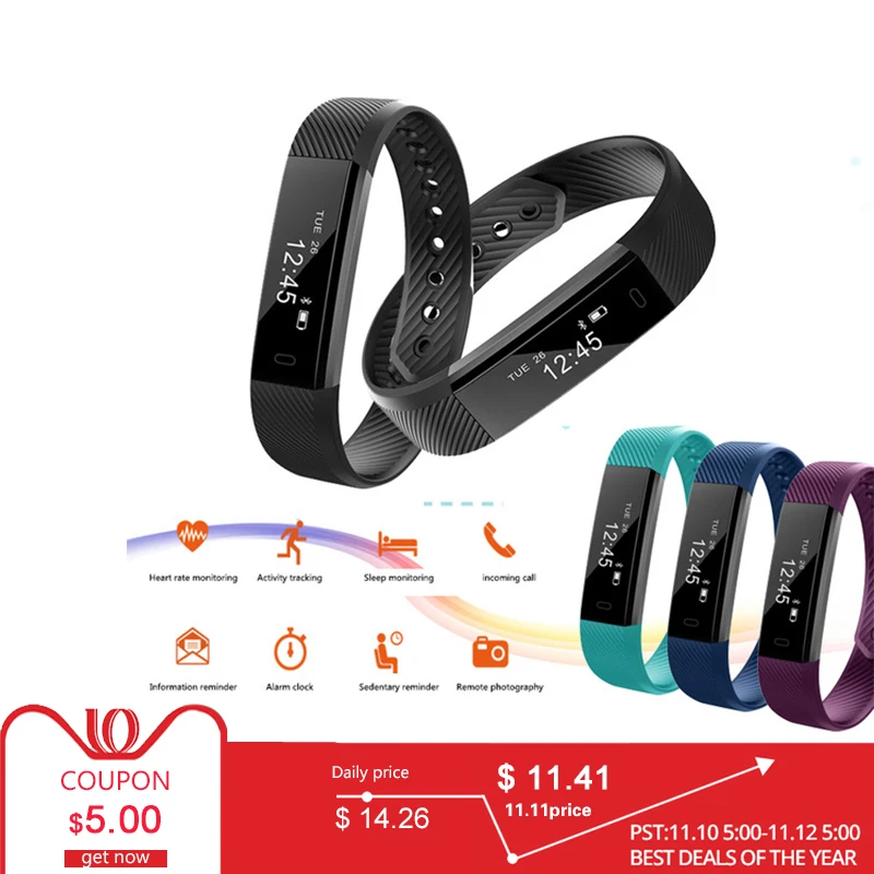 Bluetooth ID115 Smart Bracelet Tracker Step Counter Outdoor Activity Sports Waterproof Stopwatch Step Remote Control Photograph