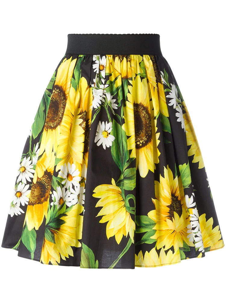 Customized Women's Vintage Yellow Sunflower Print Elastic Waistband