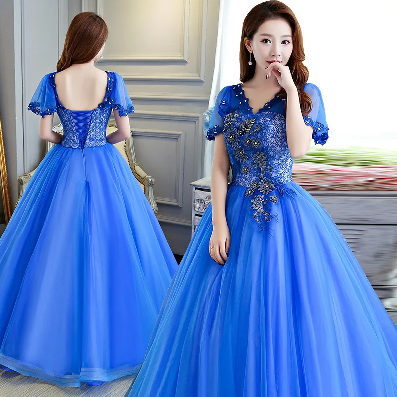 Бальные платья Quinceanera синего цвета с коротким рукавом фатиновое кружевное платье