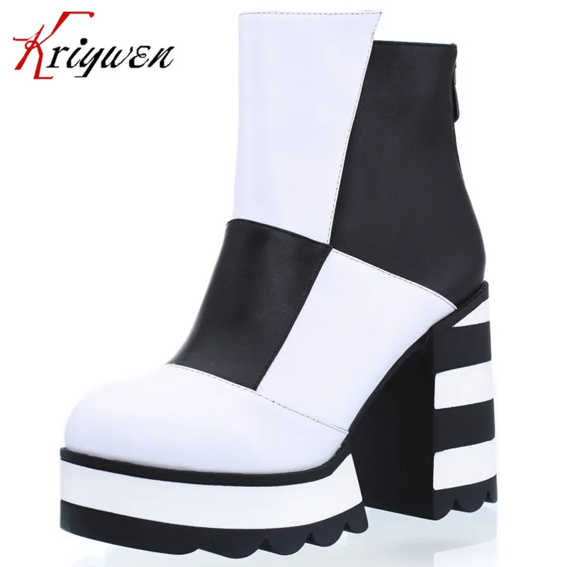 black and white color boots Cowhide genuine Leather Ladies Boots Martin