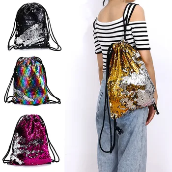 

Women Mermaid Backpack Drawstring Bag Sequins Travel Beach Draw String Bags for Girls Pouch Pocket Lady Shining Student Bookbag