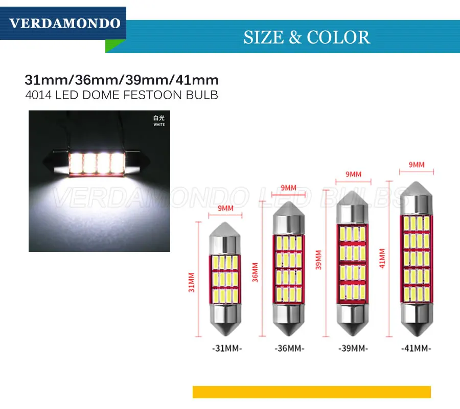 1 Pcs 31mm 36mm 39mm 41mm Car Ceiling Light Decoding Double Angle Bulb License Plate Led 4014 Car Reading Light DC 12V White