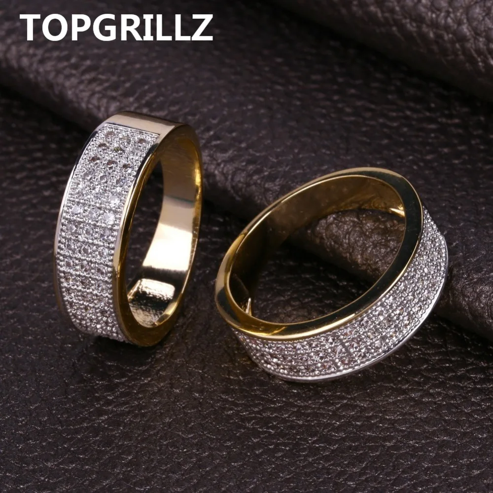 

TOPGRILLZ Gold Color Plated Micro Pave Cubic Zircon Round Ring 7mm Width All Iced Out Bling Hip Hop Jewelry Rings For Female