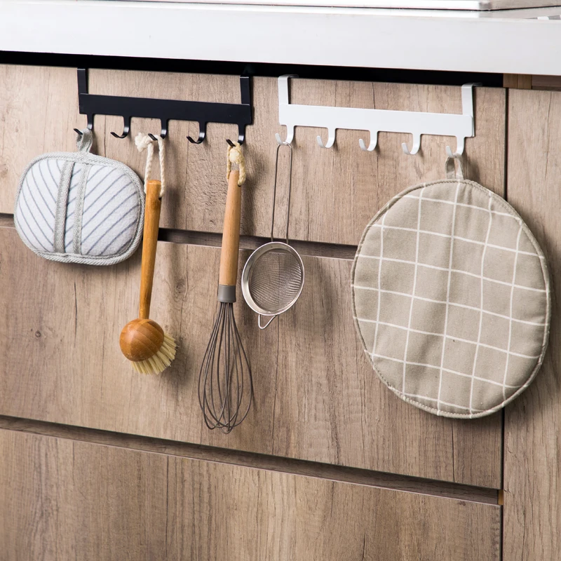 

Wrought iron cabinet door hook kitchen 5 hooks bathroom seamless rack free punching wall hooks