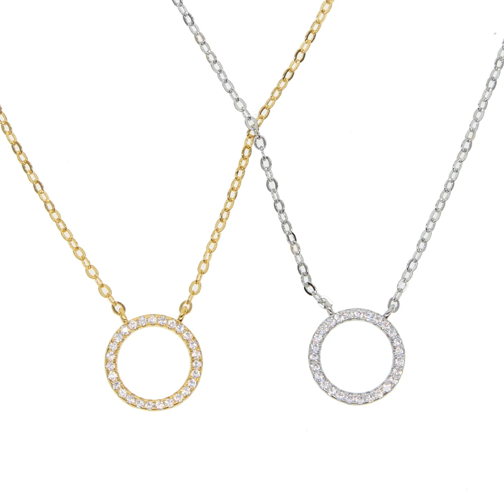

100% 925 sterling silver 2018 CLASSIC round circle charm pave cz round gemetric delicate young girl silver necklace