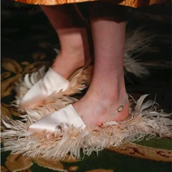 

New Pointed Toe Satin Feather Women Sandals Brand Design Satin Fringe Female Summer Shoes Buckle Straps Runway Women High Heels