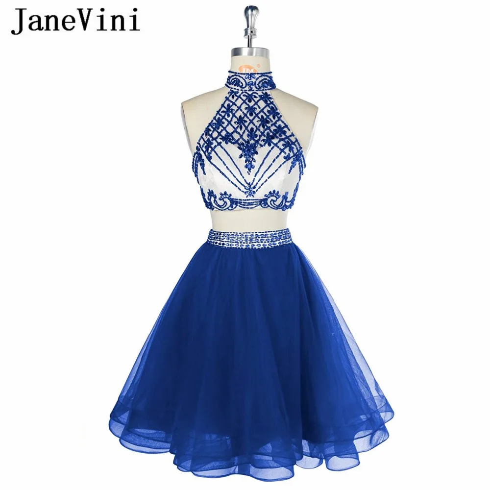 JaneVini Очаровательная Royal Blue Короткие платья невесты Платье 2 в 1 кристалл Бисер Тюль линии девушки выпускников вечерние платья