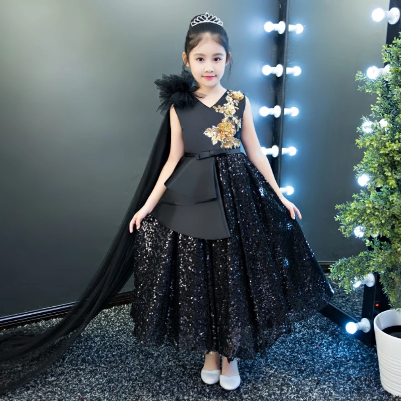 

Royal Black 2018 Ball Gown Appliques Luxury Kids Pageant Dress For Birthday Wedding Princess Flower Girls Dress M43