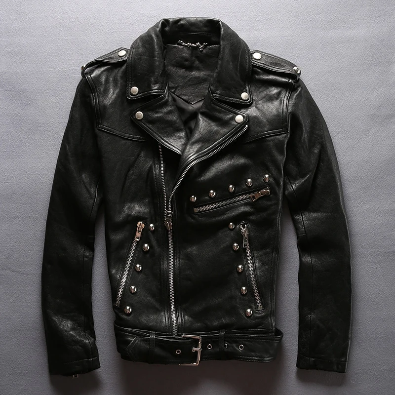 Rivet Biker Pour Hommes Serré Moto Peau Mode Punk Slim De Veste Mouton Manteau Fit Noir Cuir En Style XOuTwkiPZ