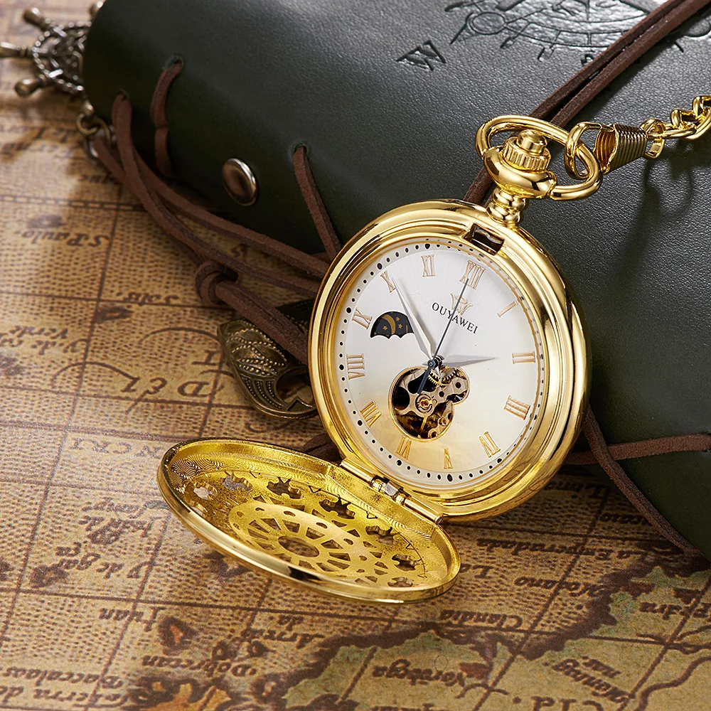 OUYAWEI роскошные золотые механические ручной Ветер Солнце Луна женские карманные часы винтажные мужские Fob часы и цепочка подарок кулон часы