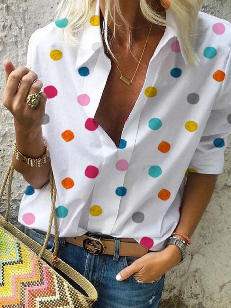 

Women Shirts Fashion Casual Long Sleeved Dot Print V Neck Turn-down Collar Elegant Work Top Loose Shirt Blouse Blusa Feminina