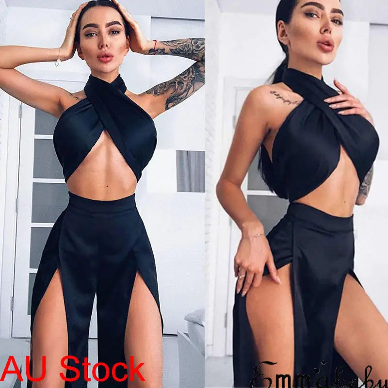 

Hot Selling Sexy Women Summer Dress Clothes Sets Hollow Out Bandage Crop Tops Long Skirt Sexy Ladies Evening Party Clothes Black