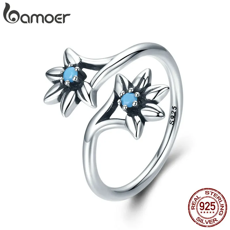 

BAMOER 100% 925 Sterling Silver Popular Daisy Flower Blue CZ Female Ring Party Engagement Jewelry Gift Adjustable Size SCR249