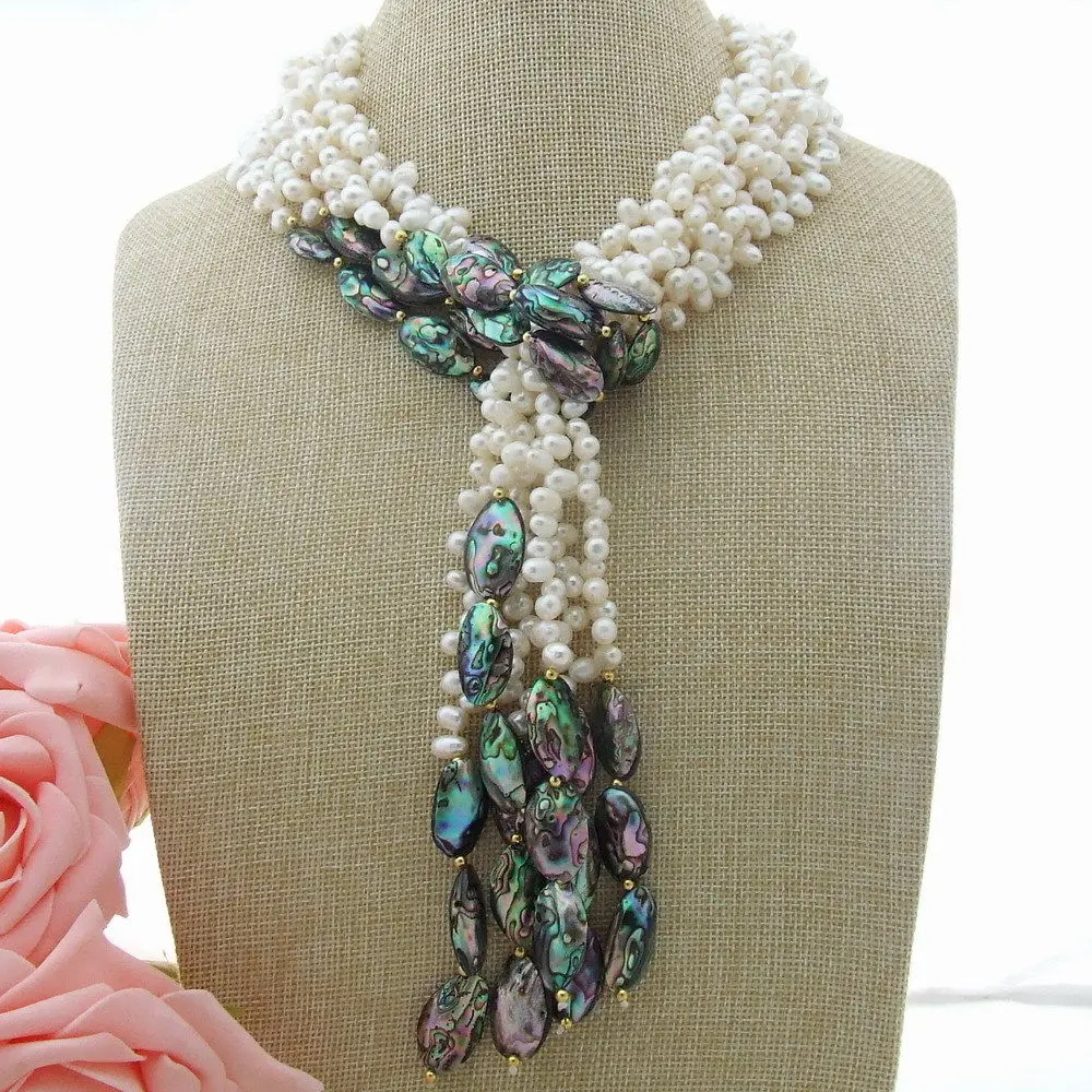 

AB011202 3 Strands White Pearl Abalone Shell Long Necklace