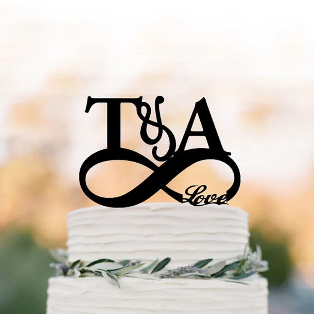 Initial Wedding Cake topper infinity Funny golg Acrylic Silver wooden Black Cake Topper,personalized wedding unique cake topper.