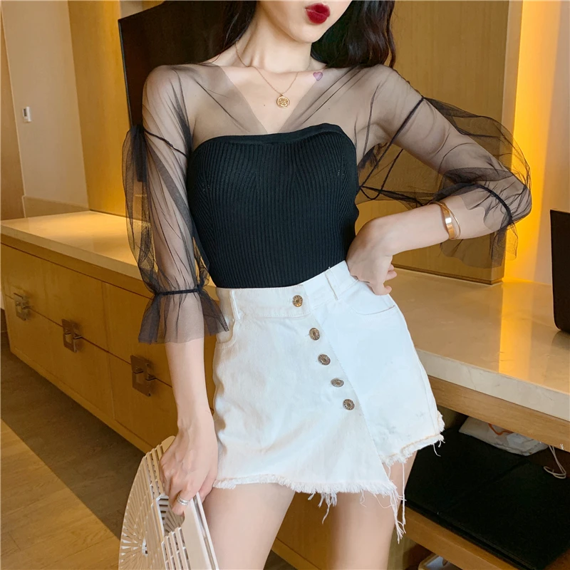 

Real Photos Patchwork Mesh Knitted T-shirt Girls V-neck Short Sleeve Sexy Stretchy Knit Tshirts Tops For Female DX9368