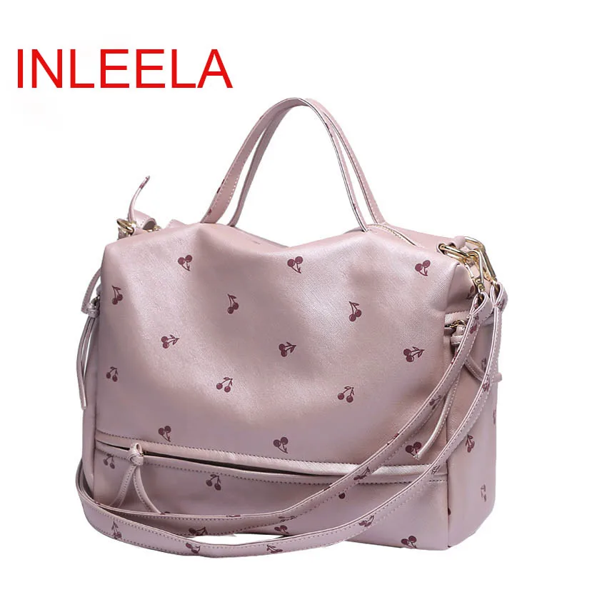 INLEELA New Arrival Large Women Shoulder Bag Fashion Printing Cherry Bag Candy Color Women Tote With Long Belt Cute Messnger bag