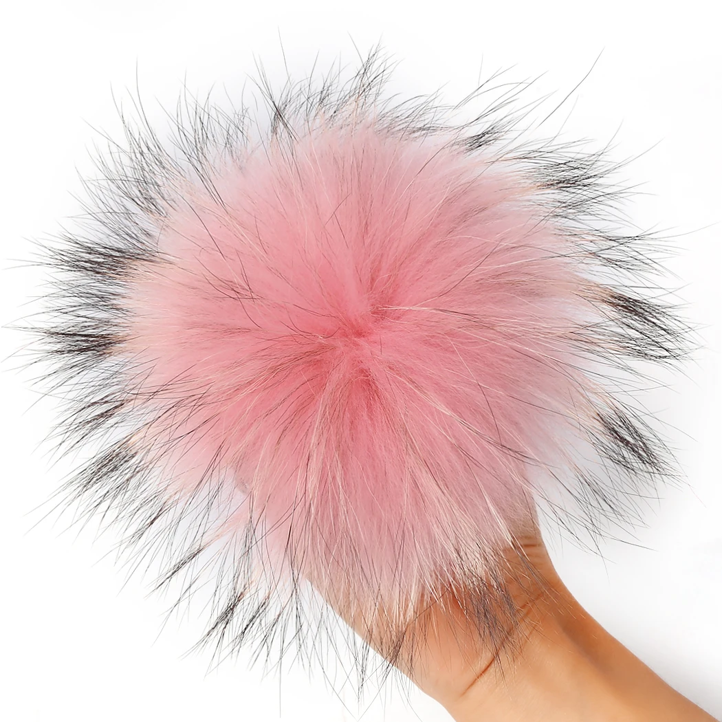 Зимняя шапка Меховые помпоны настоящий природный енот меховой шар цепь с кнопкой шапка перчатки шарфы сумка помпоны из лисьего меха аксессуар-брелок - Цвет: 13cm pink
