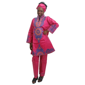 

MD african women's clothes long sleeve tops and pants set embroidery pattern with stones lady headtie trouser suit african party