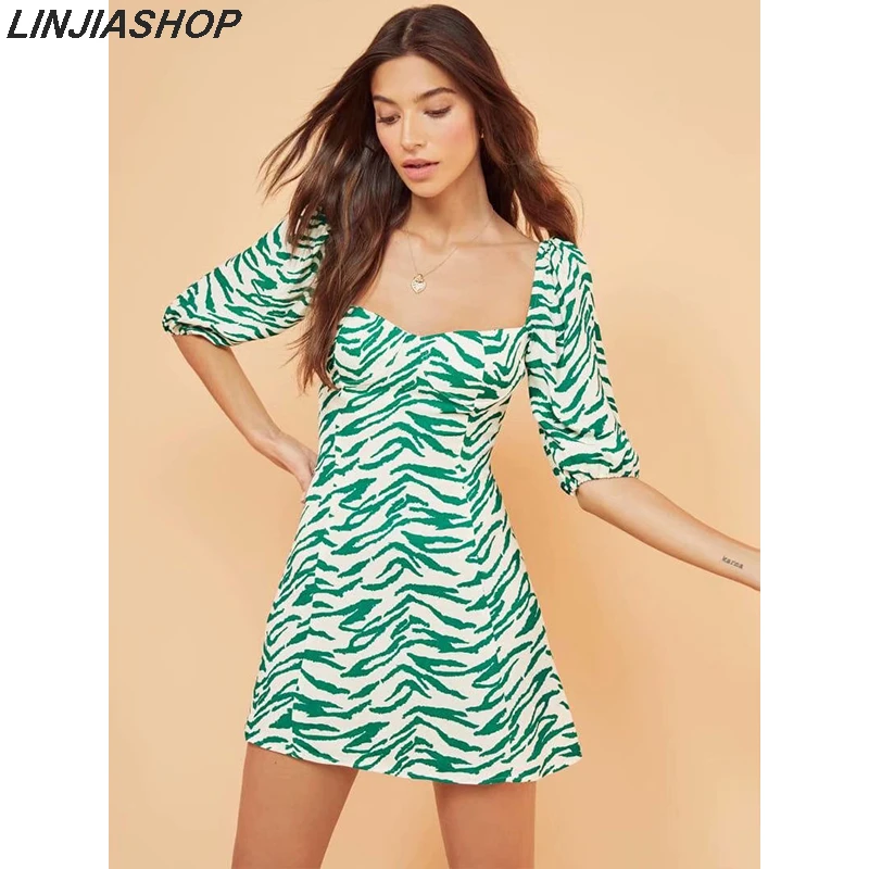 Vestido Mujer Manga Corta Verano Cuello O Estampado Vintage Vestido Mujer Manga Corta Verano Cuello O Estampado Vintage