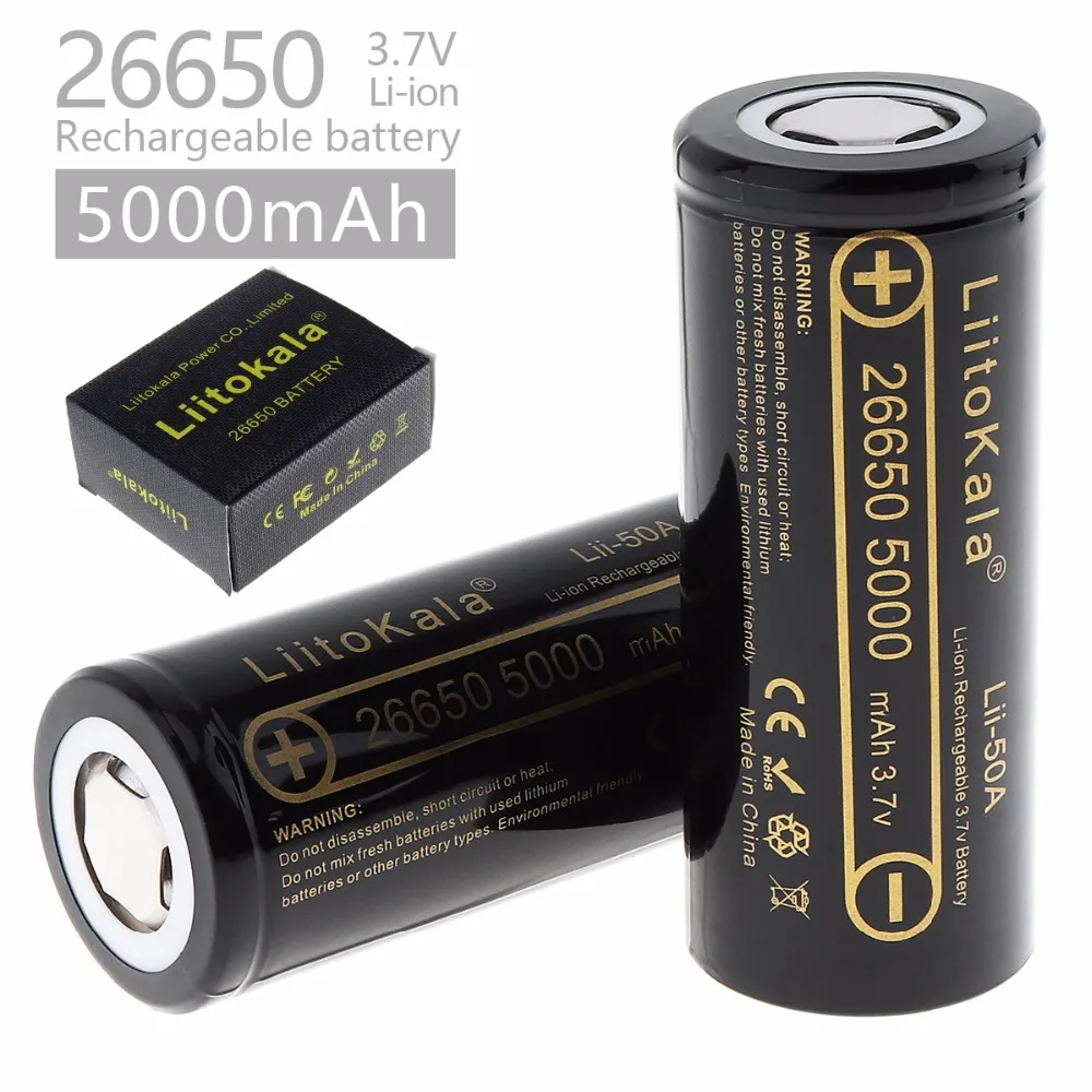 

LiitoKala 2pcs 3.7V lii-50A 26650 5000mAh Rechargeable Li-ion Battery with Safety Relief Valve for LED Flashlights / Headlamps