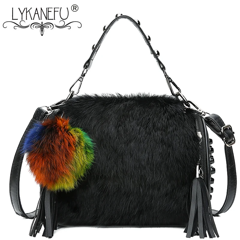 

LYKANEFU 100% Sheepskin Genuine Leather Bag Rabbit Fur Luxury Winter Handbag Ladies Tote Shoulder Bags Women Leather Handbag