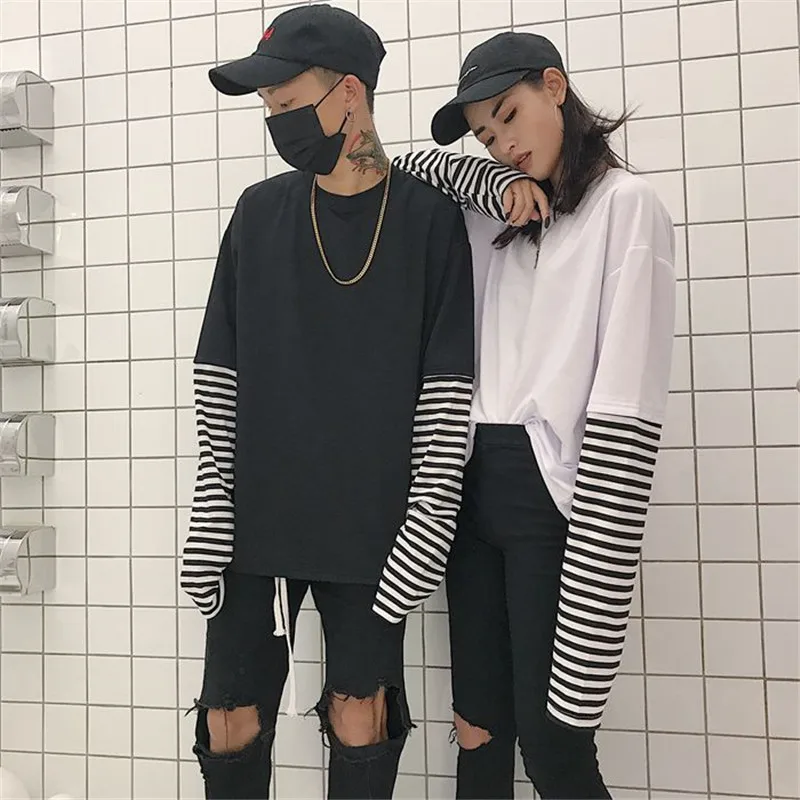 

Focal20 Streetwear Patchwork Fake Two Pieces Women T Shirt Casual Stripe Summer Womens Tops Long Sleeve Loose Lady T-shirts