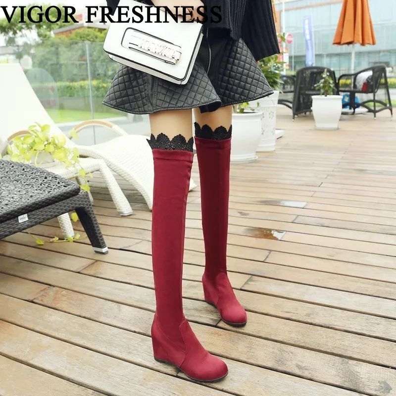 

VIGOR FRESHNESS Women's Winter Boots Over The Knee Wedges Shoes Woman Plush Long Boots Warm Snow Boots Autumn Non-slip MY296