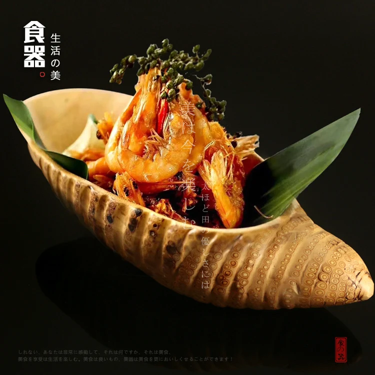 

Japanese style bamboo root dinner fruit plate sushi characteristic cuisine snack dish artistic conception individual tableware