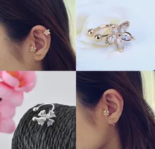 Nice Single Clover Crystal Flower Gold Silver Ear Cuff Stud Earring Wrap Clip Earrings Free shipping