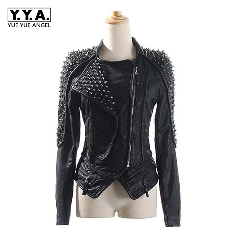 

Casaco Feminino Leather Jacket Spikes Slim Fit Silver Rivet Metallic Jacket Top Quality Coats Women Motorcycle Jackets