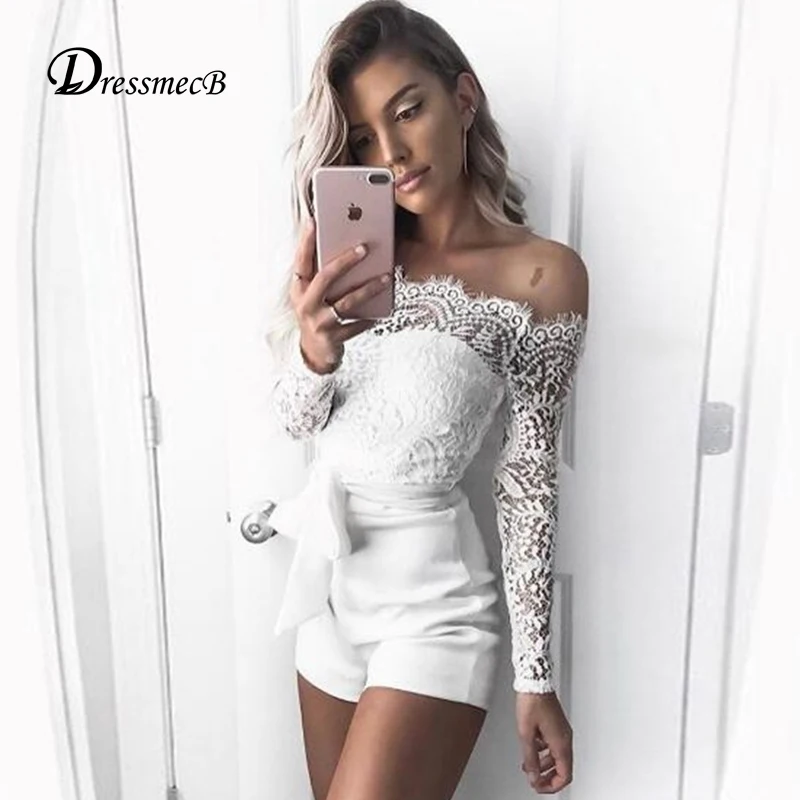 

Dressmecb Spring New Sexy Off Shoulder Rompers Womens Jumpsuit Playsuit Lady Lace Overalls Women Jumpsuit Combinaison Femme