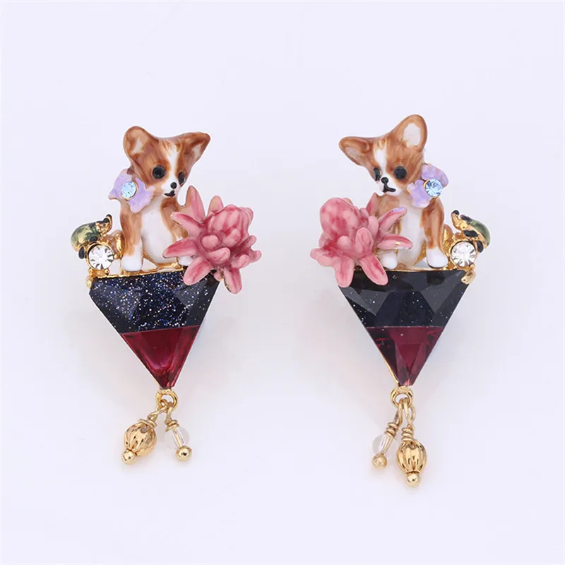 

French Jewelry Enamel Glaze Paris Chihuahua Dog Series Dog Gem Women Stud Earrings