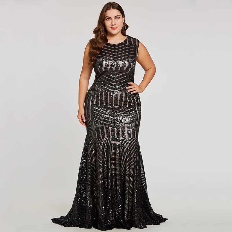 Tanpell Scoop Neck Evening Dress Sleeveless Zipper-Up Sequins Formal Women Floor Length Mermaid Evening Gown