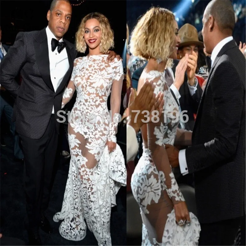 

2019 See Though New Prom Dresses Long Sexy Evening Dress full sleeve High Neck white Lace celebrity dress long Custom Made