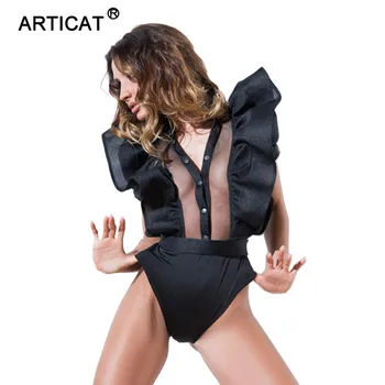 

Articat Ruffers Sexy Bodysuit Women 2020 Summer Mesh Patchwork Hollow Out Rompers Women Jumpsuit Beach Bodycon Playsuit Overalls