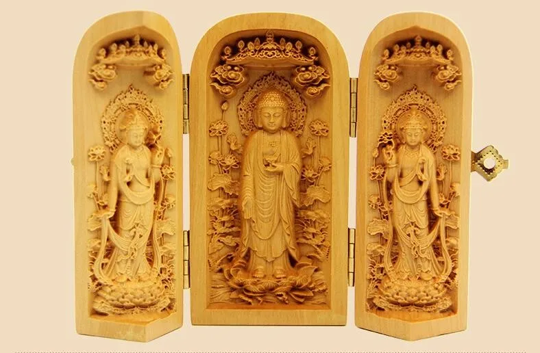 

Decorated 100% Boxwood Highly Difficulty Carved God Of Wealth Statue Folding Box Lotus Sam West