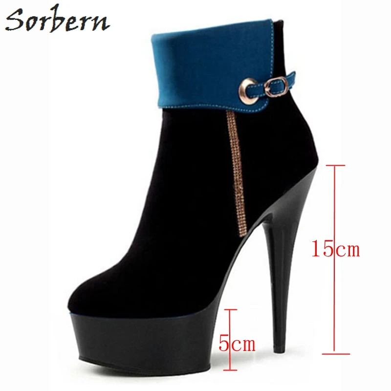 15cm Heels Blue Sorbern ботильоны для женщин туфли с ремешком и пряжкой шпильки из флока женская обувь для вечеринок сапоги и ботинки девоче - Цвет: 15cm Heels Blue