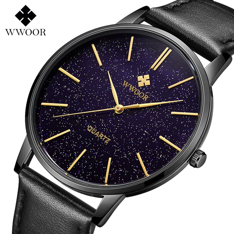 

WWOOR 2019 New Fashion Mens Casual Watch Men Analog Quartz Waterproof Clock Minimalism Genuine Leather Strap Wristwatch