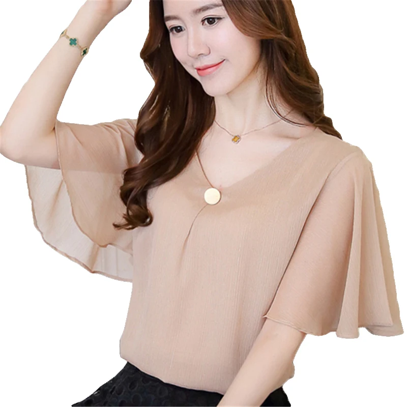 

Chiffon Blouse Women Ruffle Short Sleeve Deep V Ladies Tops Loose Shirt Plus Size Khaki Woman Clothing 2019 Blusas Femininas